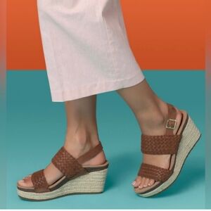Aetrex Summer Woven Cognac Leather Quarter Strap Wedge